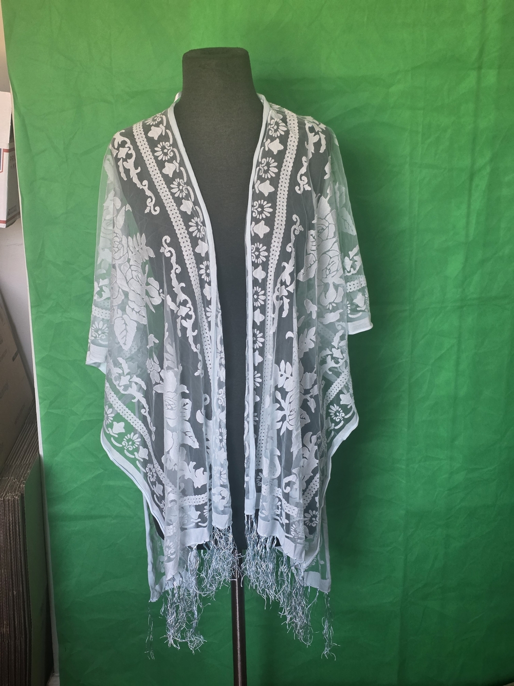 David & Young Sheer Lace Floral Kimono Shawl Wrap Fringe Boho Festival Blue OS